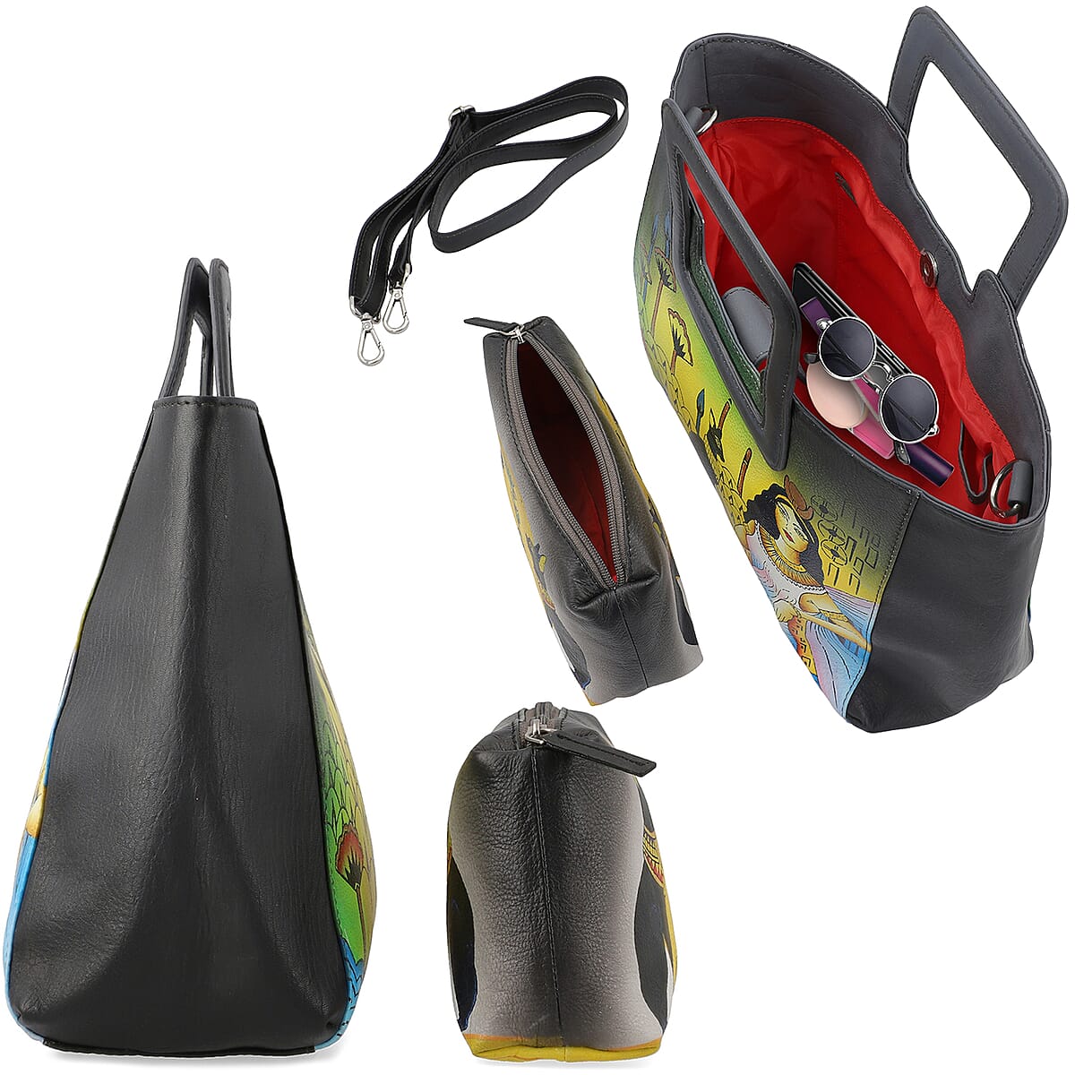 Ankur Treasure Chest SUKRITI Set of 3, Black Cleopatra Hand Painted Leather Tote Bag for Women with Leather Pouch with 1 Box Leather Wipes , Satchel Purse , Shoulder Handbag , Designer Tote Bag image number 5