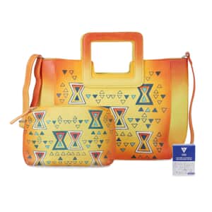 Ankur Treasure Chest Sukriti Set of 3, Orange & Yellow Geometric Hand Painted Leather Tote Bag for Women with Leather Pouch with 1 Box Leather Wipes, Satchel Purse, Shoulder Handbag, Designer Tote Bag