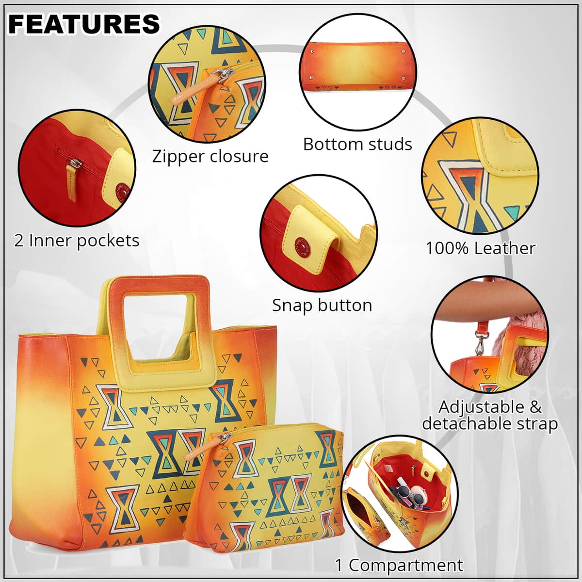 Ankur Treasure Chest Sukriti Set of 3, Orange & Yellow Geometric Hand Painted Leather Tote Bag for Women with Leather Pouch with 1 Box Leather Wipes, Satchel Purse, Shoulder Handbag, Designer Tote Bag image number 2