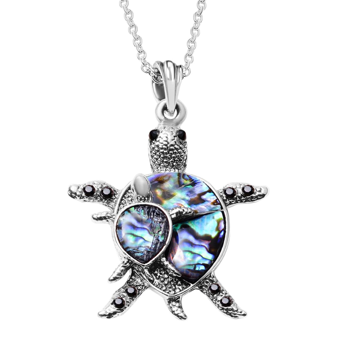 Abalone Shell, Black and Grey Austrian Crystal Turtle Pendant Necklace 20-22 Inches in Silvertone & Stainless Steel image number 0