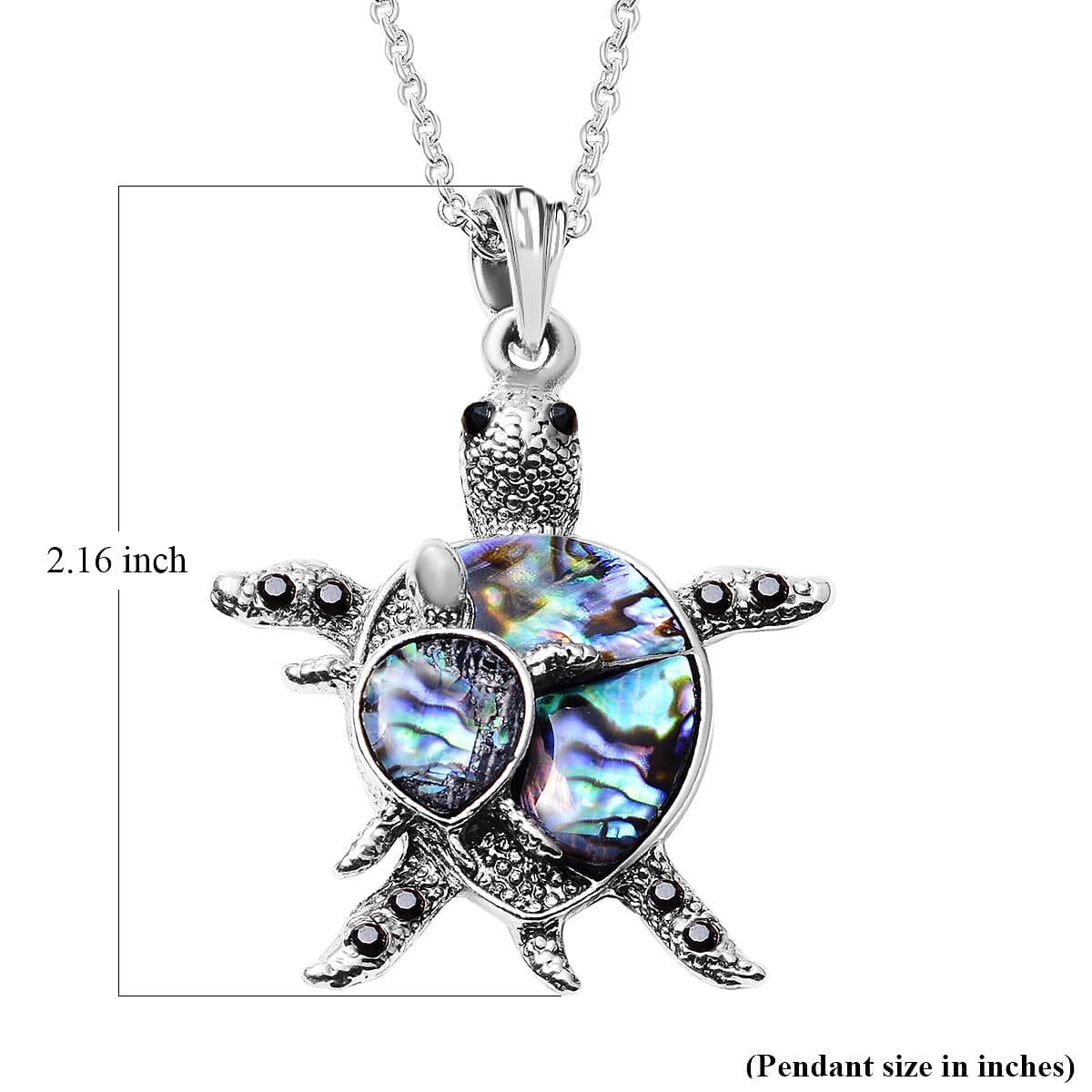 Abalone Shell, Black and Grey Austrian Crystal Turtle Pendant Necklace 20-22 Inches in Silvertone & Stainless Steel