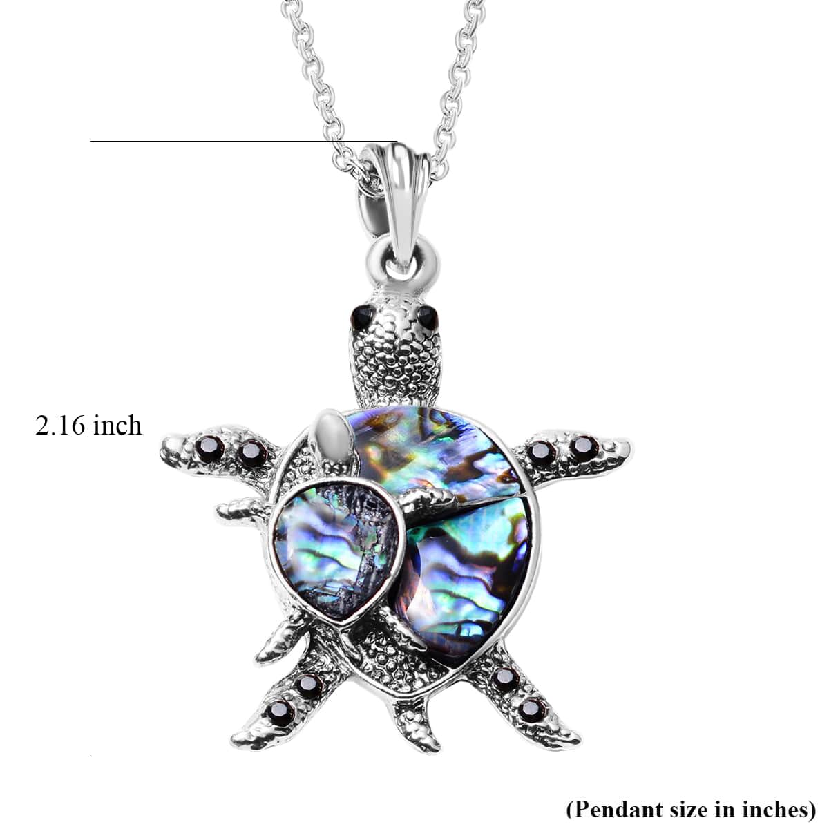 Abalone Shell, Black and Grey Austrian Crystal Turtle Pendant Necklace 20-22 Inches in Silvertone & Stainless Steel image number 4