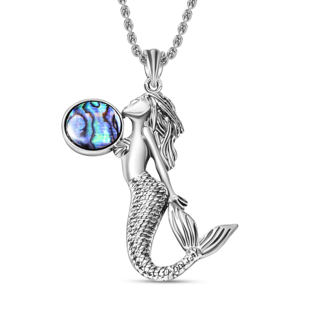 Abalone Shell and Black Austrian Crystal Mermaid Pendant in Silvertone with Stainless Steel Necklace 20-22 Inches image number 0