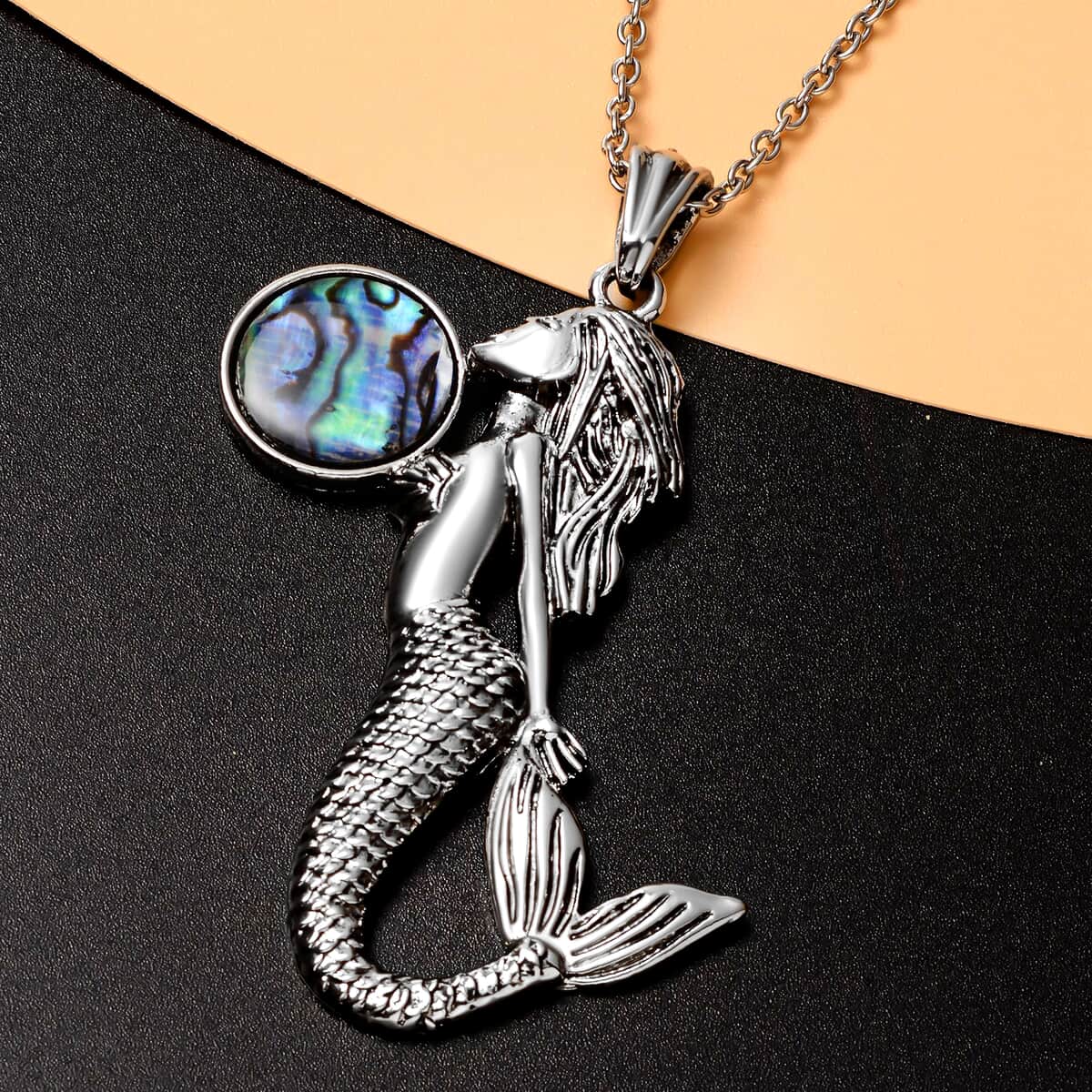 Abalone Shell and Black Austrian Crystal Mermaid Pendant in Silvertone with Stainless Steel Necklace 20-22 Inches image number 1