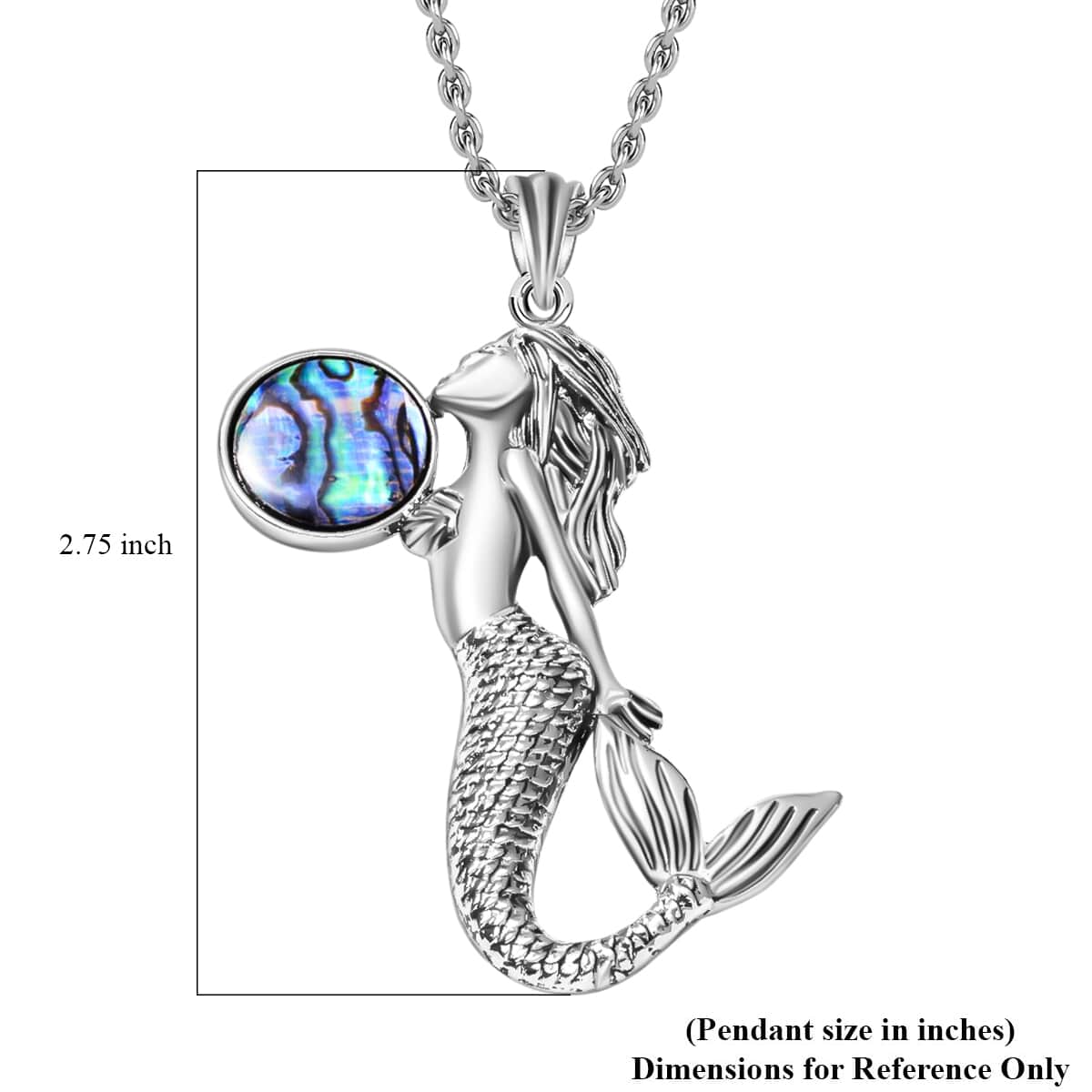Abalone Shell and Black Austrian Crystal Mermaid Pendant in Silvertone with Stainless Steel Necklace 20-22 Inches image number 4