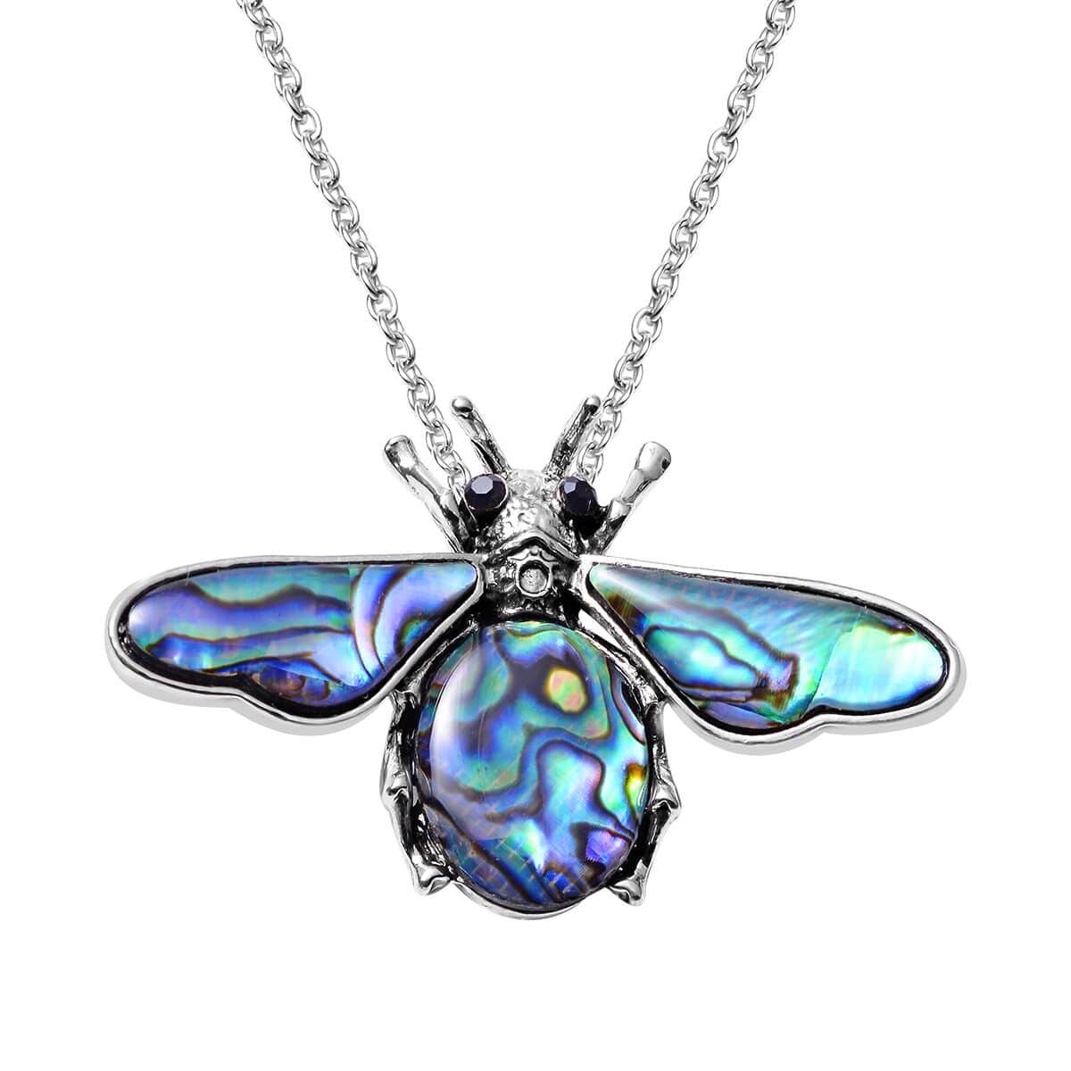 Abalone Shell and Black Austrian Crystal Bee Pendant in Silvertone with Stainless Steel Necklace 20-22 Inches image number 0