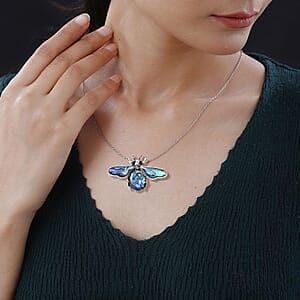 Abalone Shell and Black Austrian Crystal Bee Pendant in Silvertone with Stainless Steel Necklace 20-22 Inches