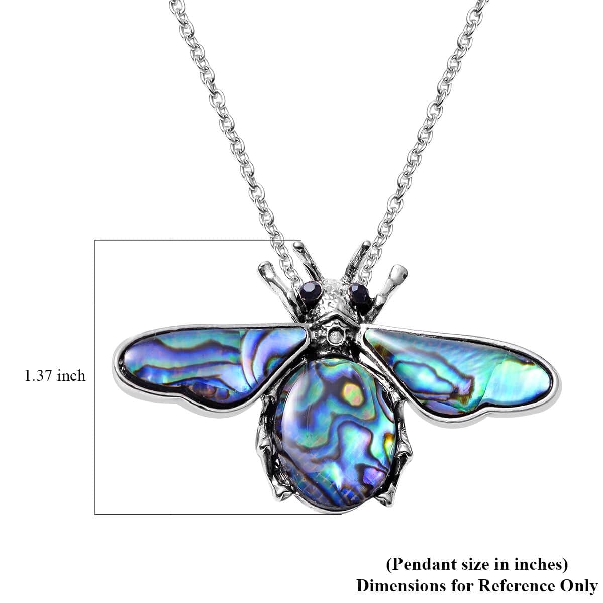 Abalone Shell and Black Austrian Crystal Bee Pendant in Silvertone with Stainless Steel Necklace 20-22 Inches image number 2