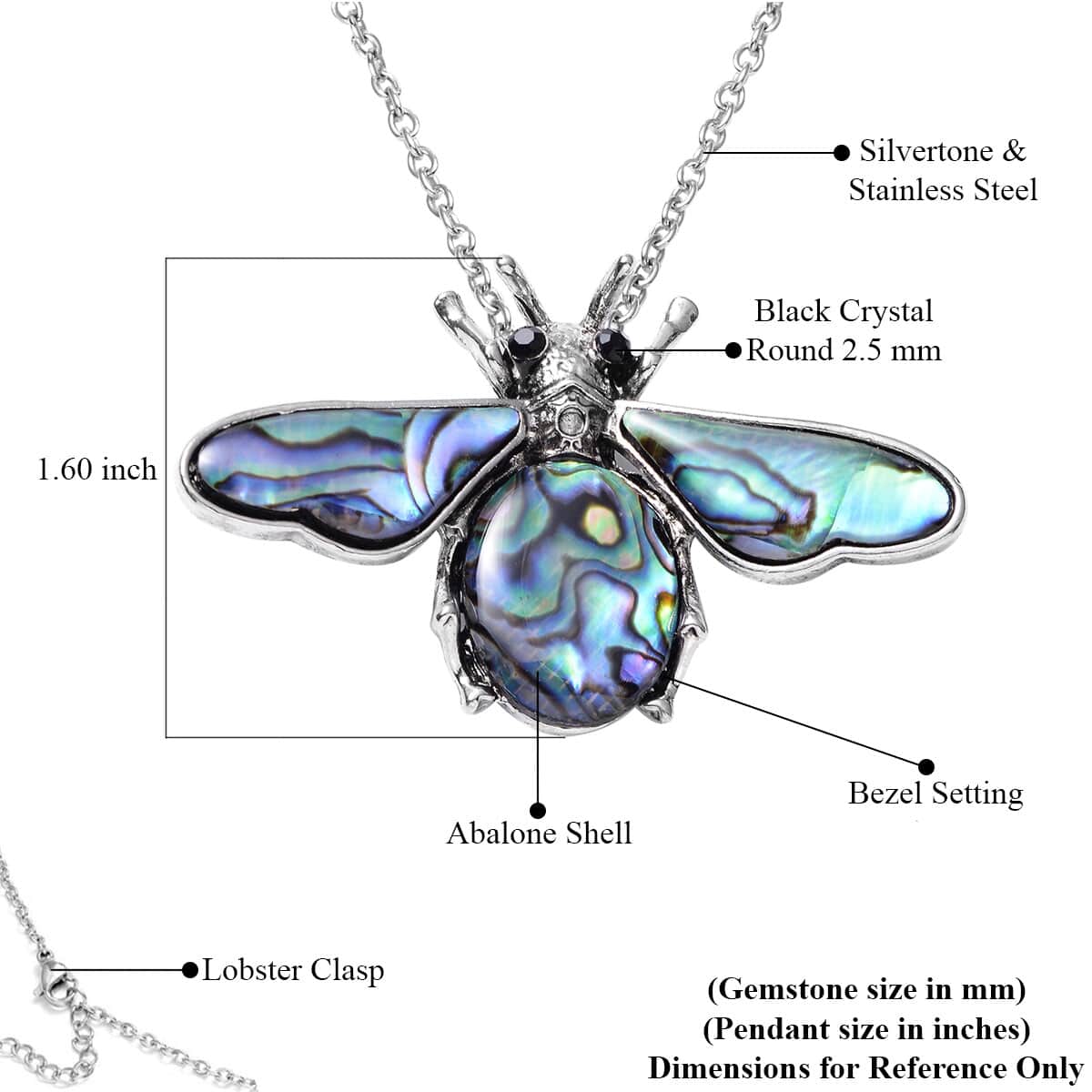 Abalone Shell and Black Austrian Crystal Bee Pendant in Silvertone with Stainless Steel Necklace 20-22 Inches image number 4