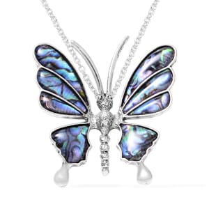 Abalone Shell Butterfly Pendant in Silvertone with Stainless Steel Necklace 20-22 Inches