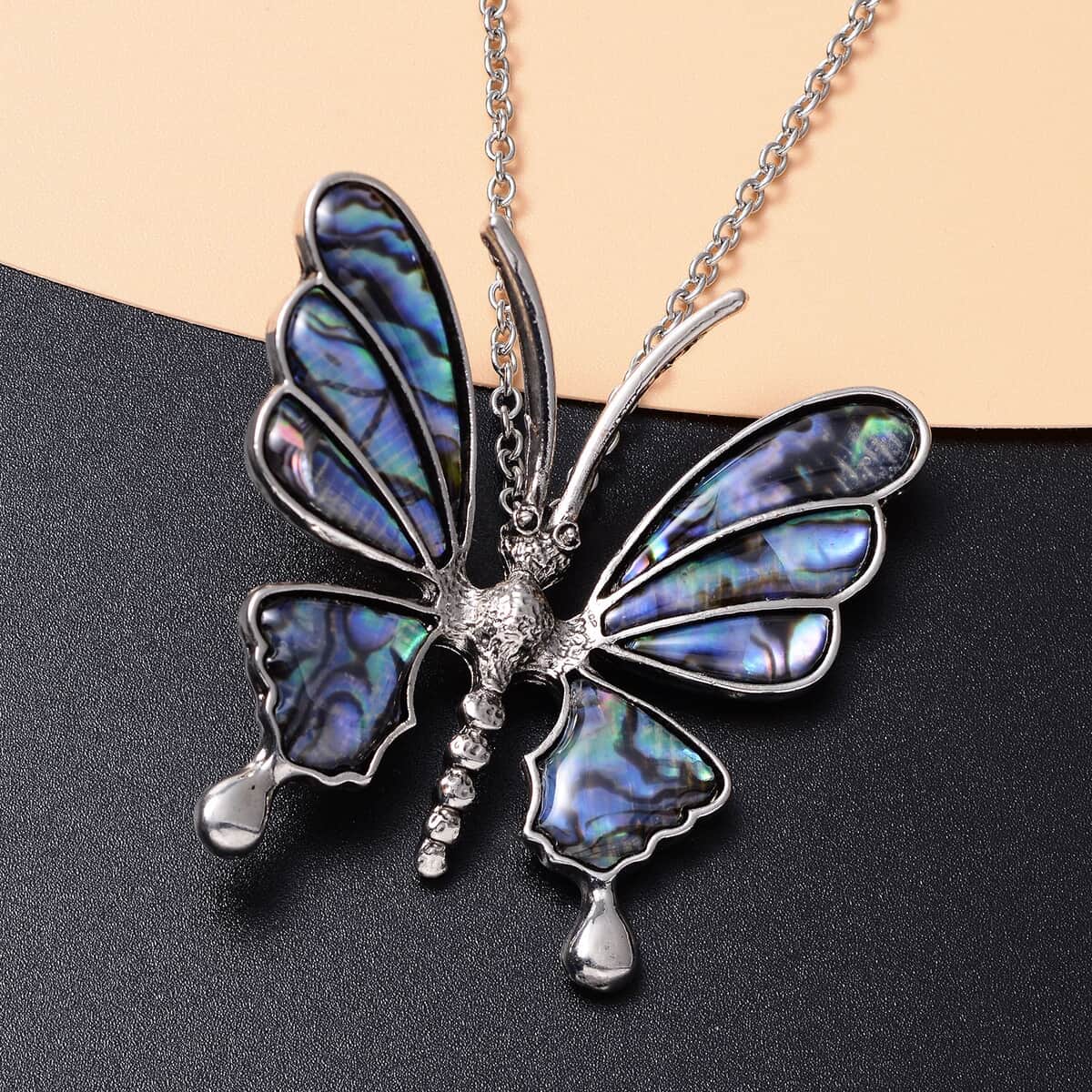 Abalone Shell Butterfly Pendant in Silvertone with Stainless Steel Necklace 20-22 Inches image number 1