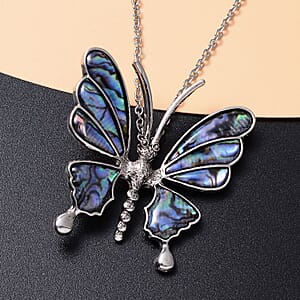Abalone Shell Butterfly Pendant in Silvertone with Stainless Steel Necklace 20-22 Inches