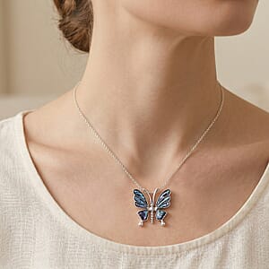 Abalone Shell Butterfly Pendant in Silvertone with Stainless Steel Necklace 20-22 Inches