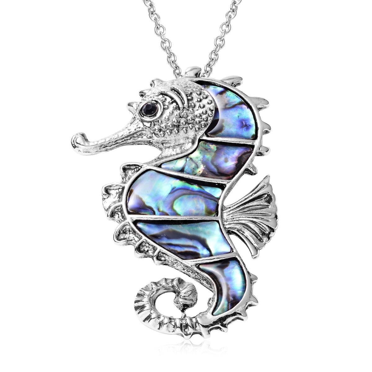 Abalone Shell and Black Austrian Crystal Seahorse Pendant in Silvertone with Stainless Steel Necklace 20-22 Inches image number 0