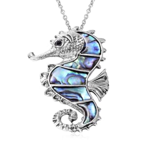Abalone Shell and Black Austrian Crystal Seahorse Pendant in Silvertone with Stainless Steel Necklace 20-22 Inches