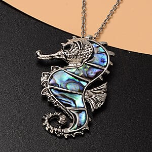 Abalone Shell and Black Austrian Crystal Seahorse Pendant in Silvertone with Stainless Steel Necklace 20-22 Inches