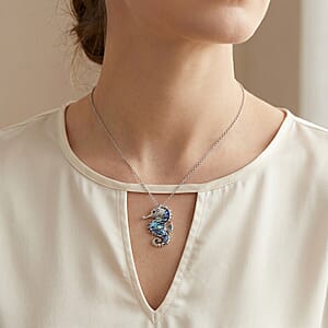 Abalone Shell and Black Austrian Crystal Seahorse Pendant in Silvertone with Stainless Steel Necklace 20-22 Inches