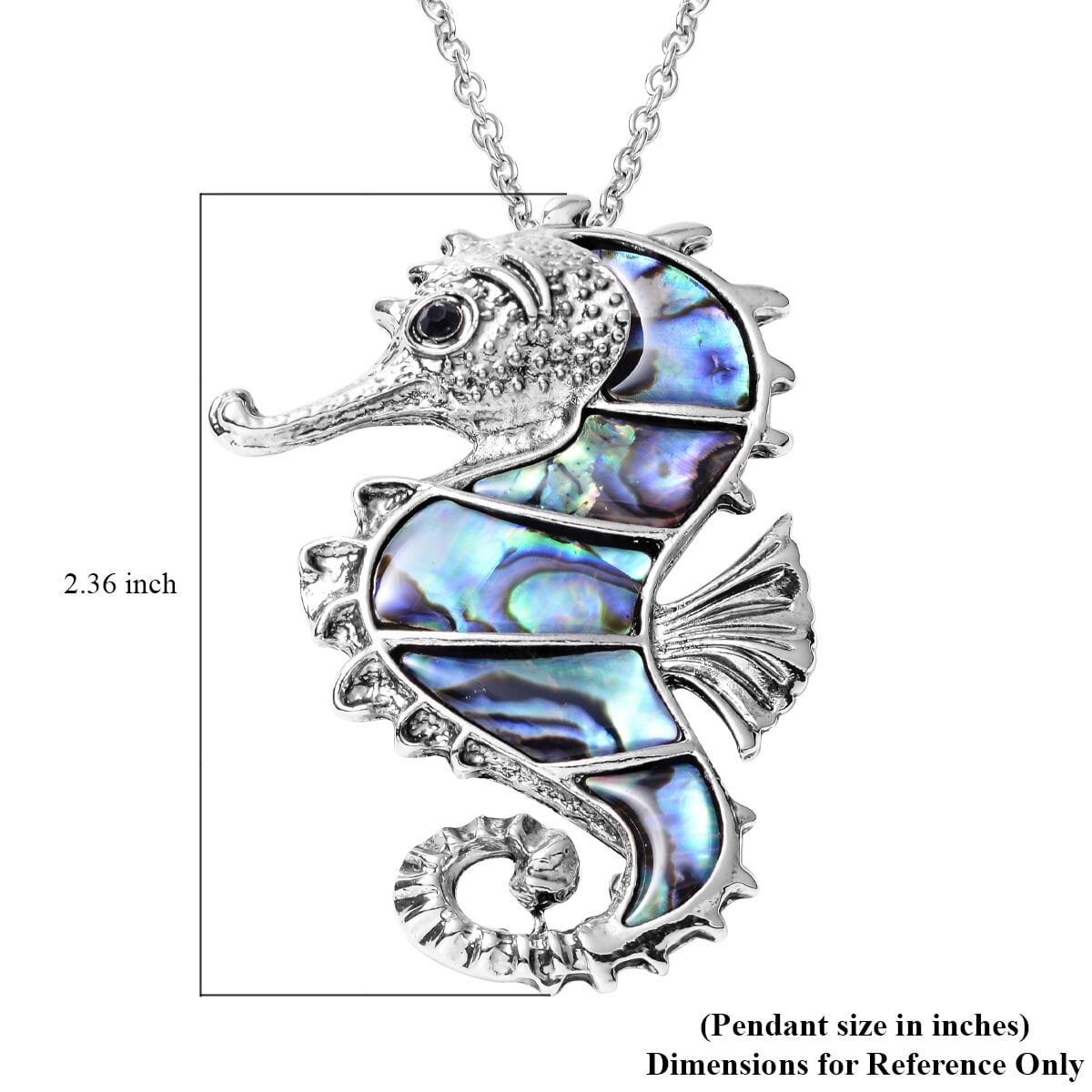 Abalone Shell and Black Austrian Crystal Seahorse Pendant in Silvertone with Stainless Steel Necklace 20-22 Inches image number 4