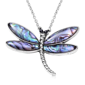 Abalone Shell and Black Austrian Crystal Dragonfly Pendant in Silvertone with Stainless Steel Necklace 20-22 Inches