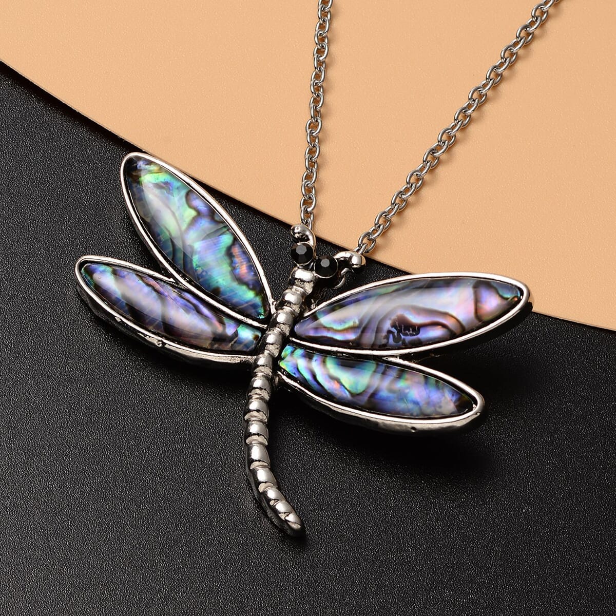 Abalone Shell and Black Austrian Crystal Dragonfly Pendant in Silvertone with Stainless Steel Necklace 20-22 Inches image number 1