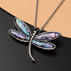Abalone Shell and Black Austrian Crystal Dragonfly Pendant in Silvertone with Stainless Steel Necklace 20-22 Inches
