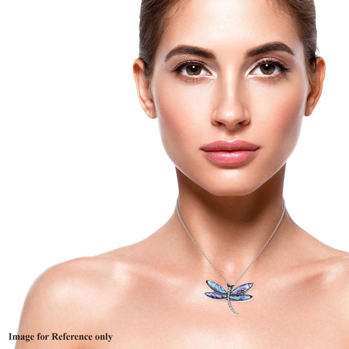 Abalone Shell and Black Austrian Crystal Dragonfly Pendant in Silvertone with Stainless Steel Necklace 20-22 Inches image number 2
