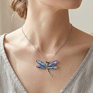 Abalone Shell and Black Austrian Crystal Dragonfly Pendant in Silvertone with Stainless Steel Necklace 20-22 Inches