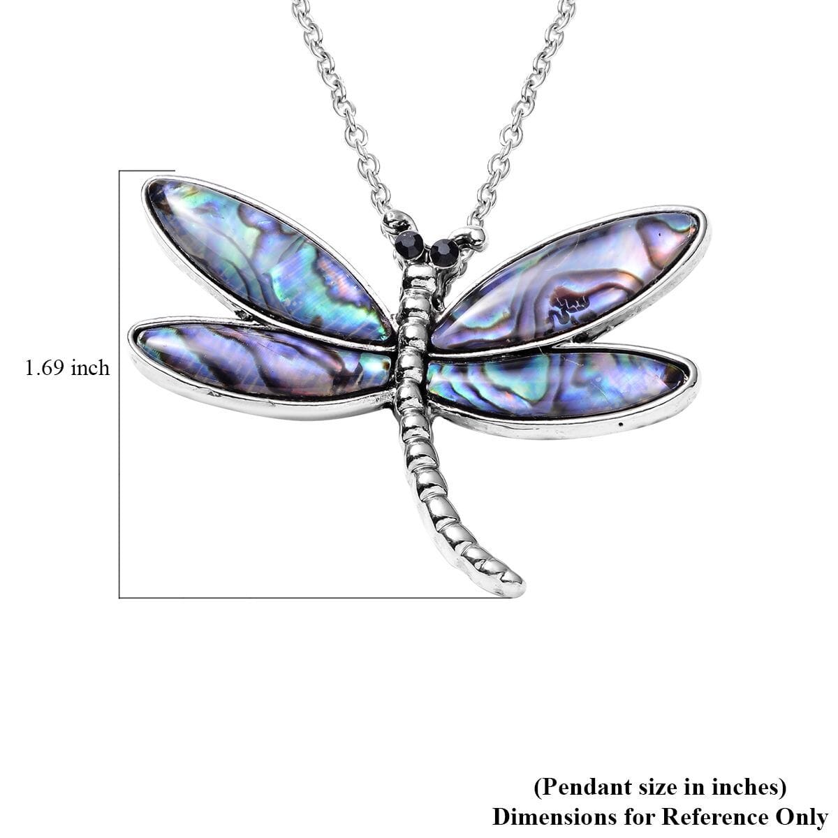 Abalone Shell and Black Austrian Crystal Dragonfly Pendant in Silvertone with Stainless Steel Necklace 20-22 Inches image number 4