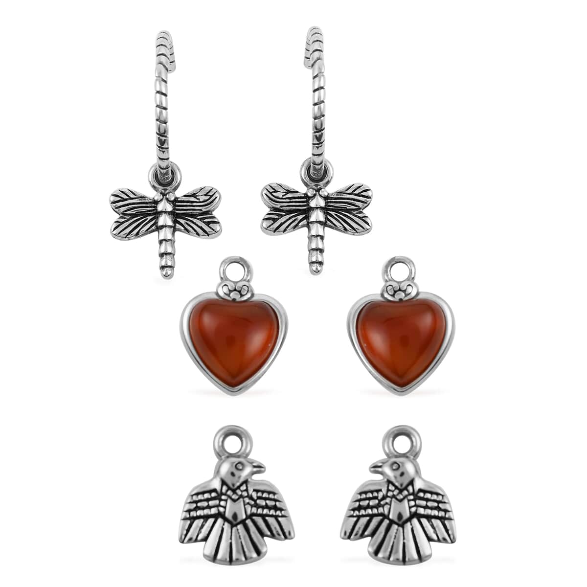 Interchangeable Bird, Dragonfly, and Enhanced Red Agate Heart Charms on Half Hoop Earrings, 4 Piece Set, in Stainless Steel 5.60 ctw image number 0