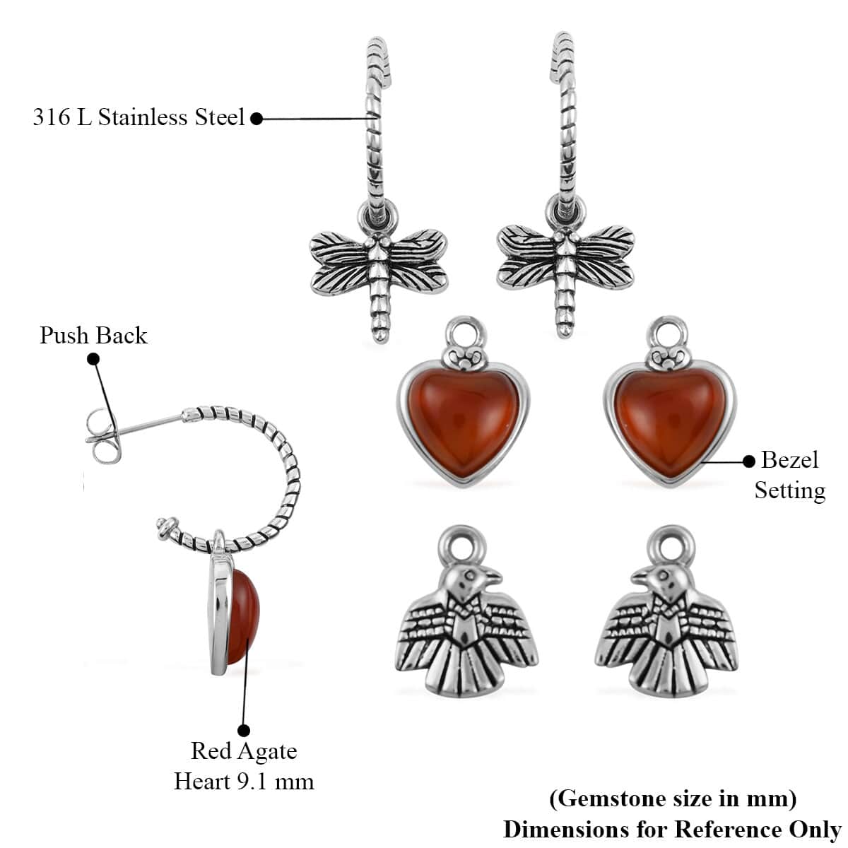 Interchangeable Bird, Dragonfly, and Enhanced Red Agate Heart Charms on Half Hoop Earrings, 4 Piece Set, in Stainless Steel 5.60 ctw image number 3