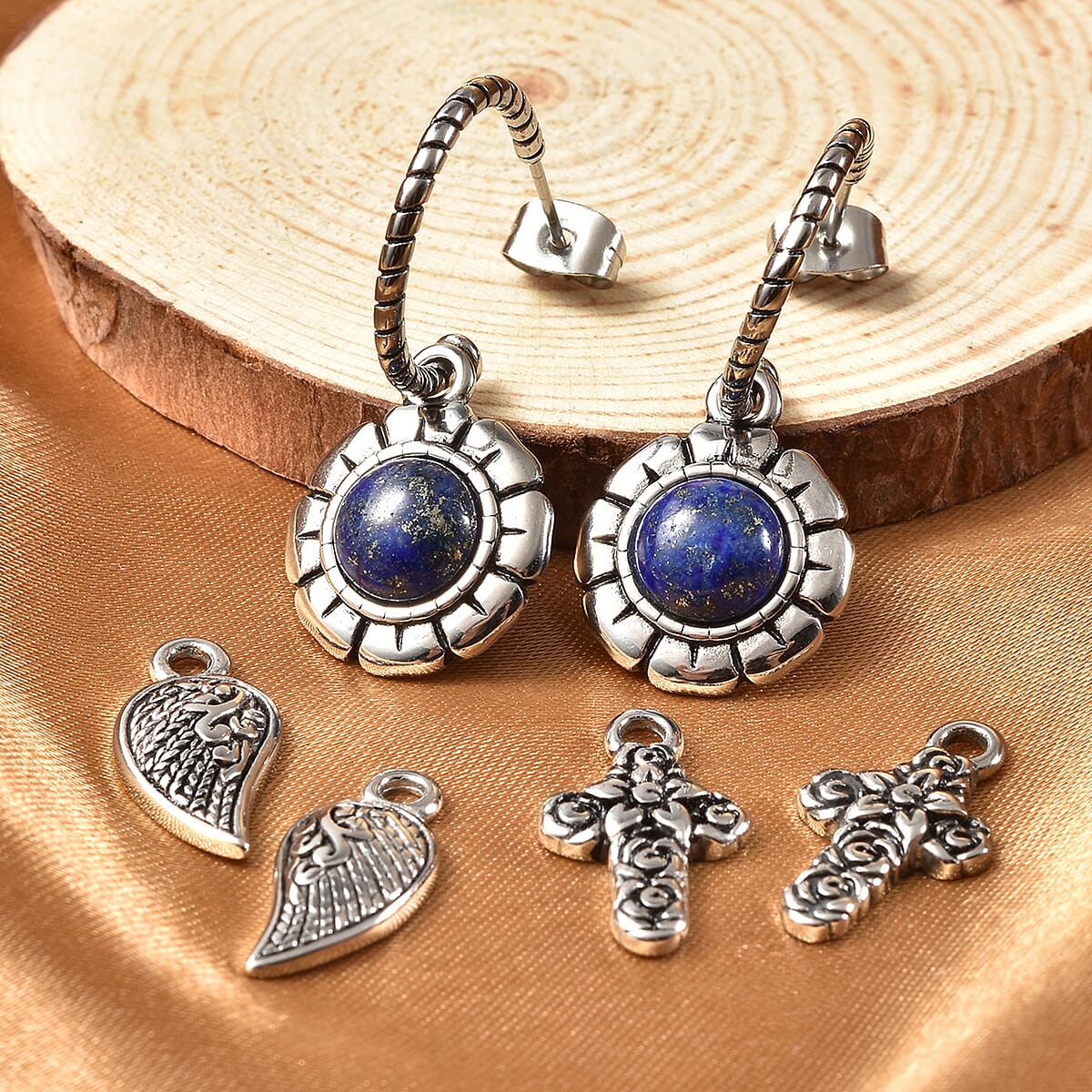 Lapis Lazuli Twisted Rope Half Hoop Earrings with Interchangeable Charms in Stainless Steel 3.60 ctw image number 1