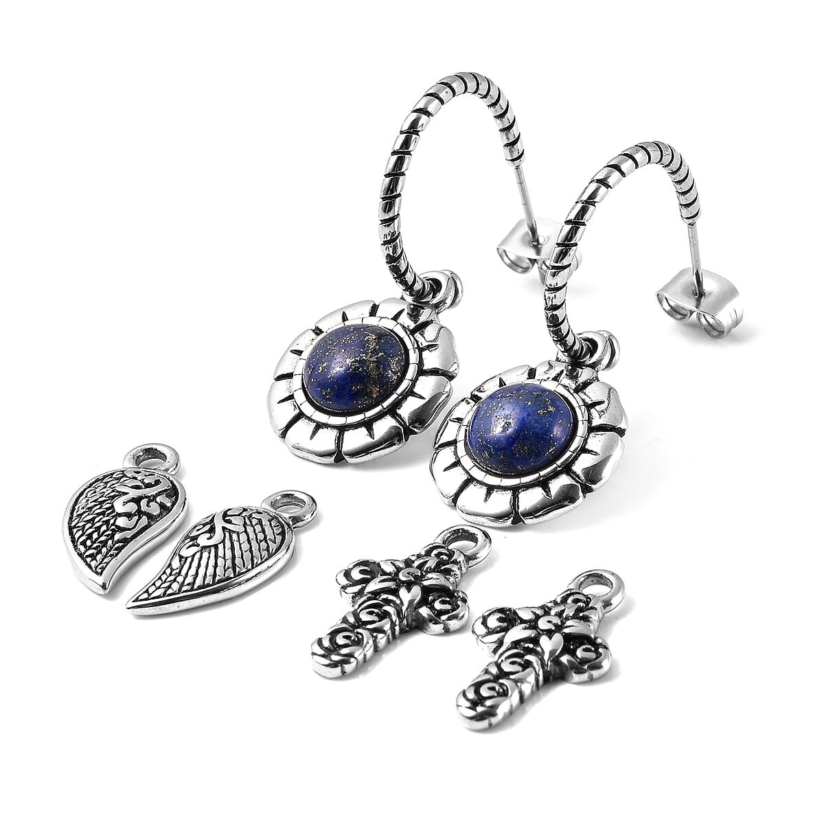 Lapis Lazuli Twisted Rope Half Hoop Earrings with Interchangeable Charms in Stainless Steel 3.60 ctw image number 2