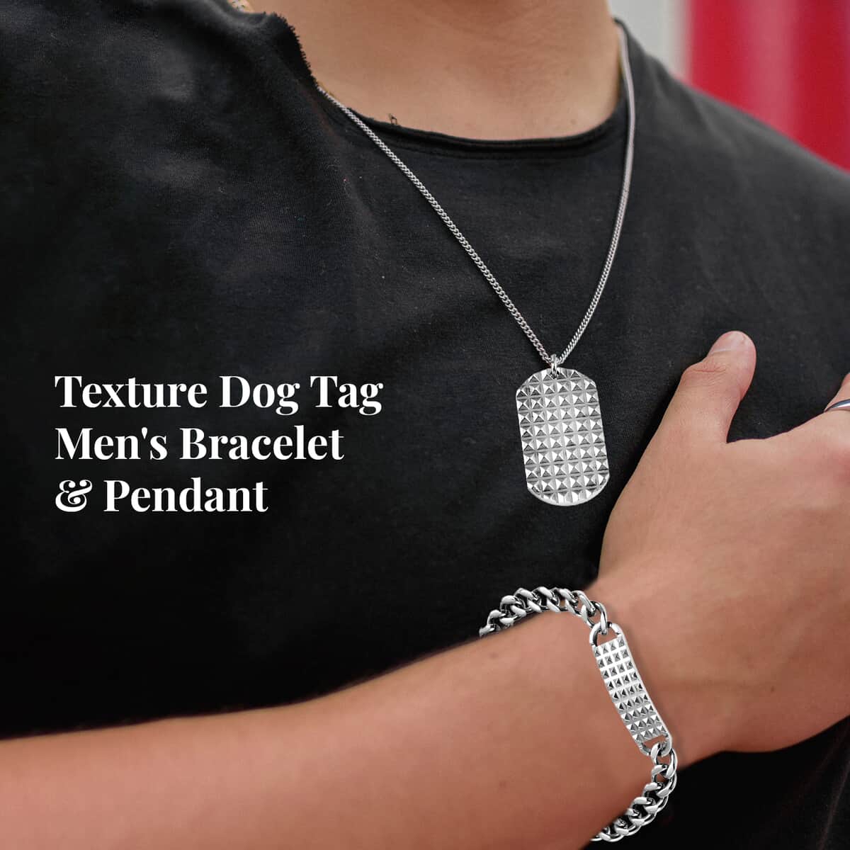 Texture Dog Tag Men's Bracelet (8in) and Pendant Necklace 24 Inches in Stainless Steel image number 2