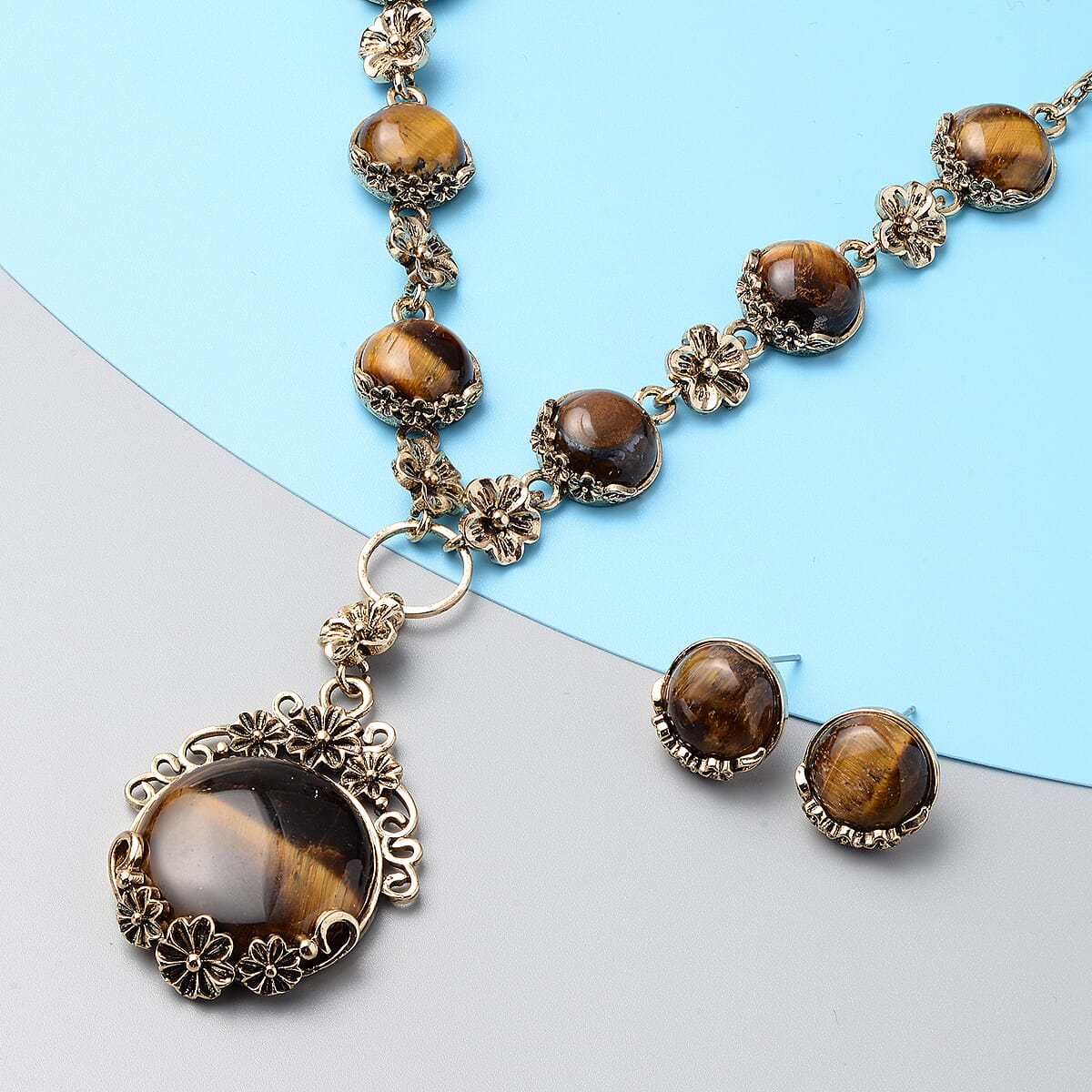 South African Yellow Tiger's Eye Station Necklace (20-22 Inches) and Stud Earrings in Goldtone 77.00 ctw image number 1