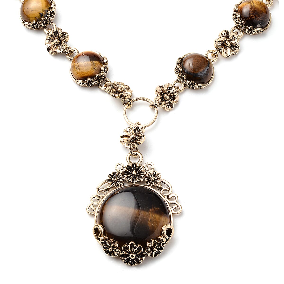 South African Yellow Tiger's Eye Station Necklace (20-22 Inches) and Stud Earrings in Goldtone 77.00 ctw image number 2