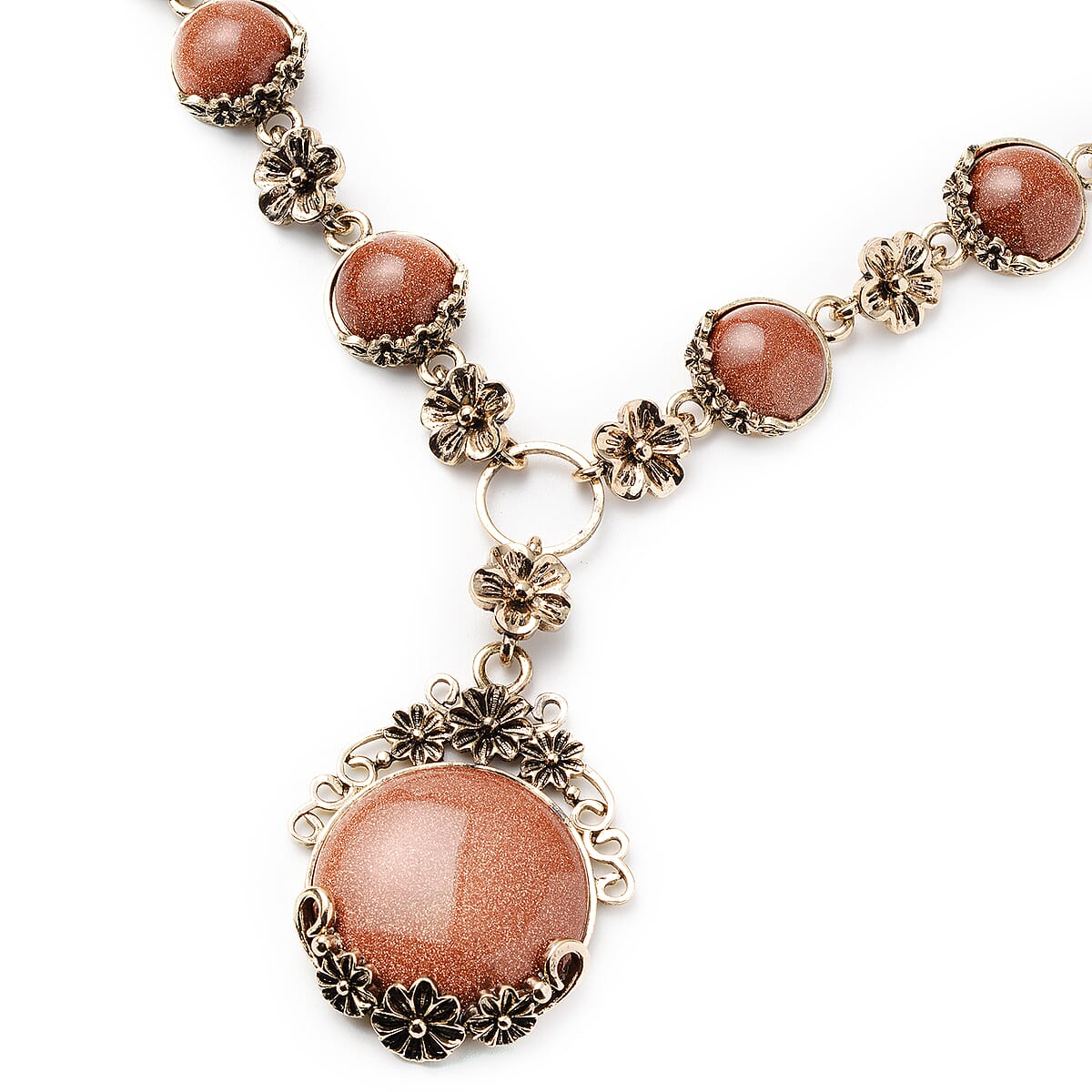 Goldstone Station Necklace 20-22 Inches and Stud Earrings in Goldtone 77.00 ctw image number 2
