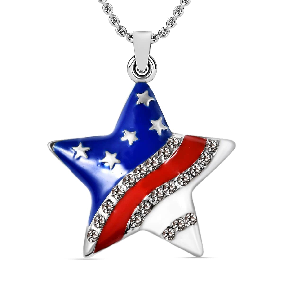 White Austrian Crystal Enameled National Flag of America Theme Star Pendant in Silvertone with Stainless Steel Necklace 20 Inches image number 0