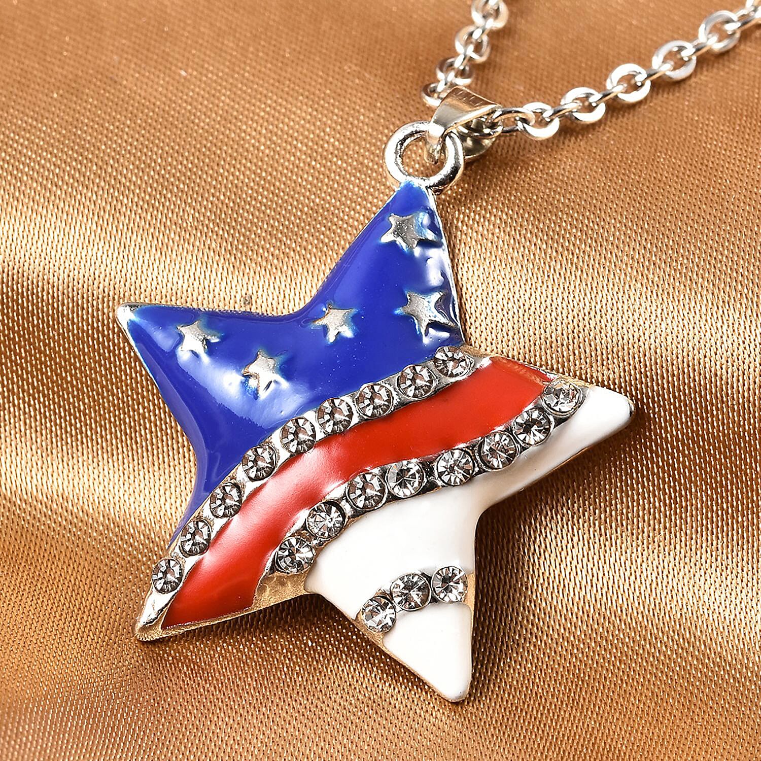 White Austrian Crystal Enameled National Flag of America Theme Star Pendant in Silvertone with Stainless Steel Necklace 20 Inches