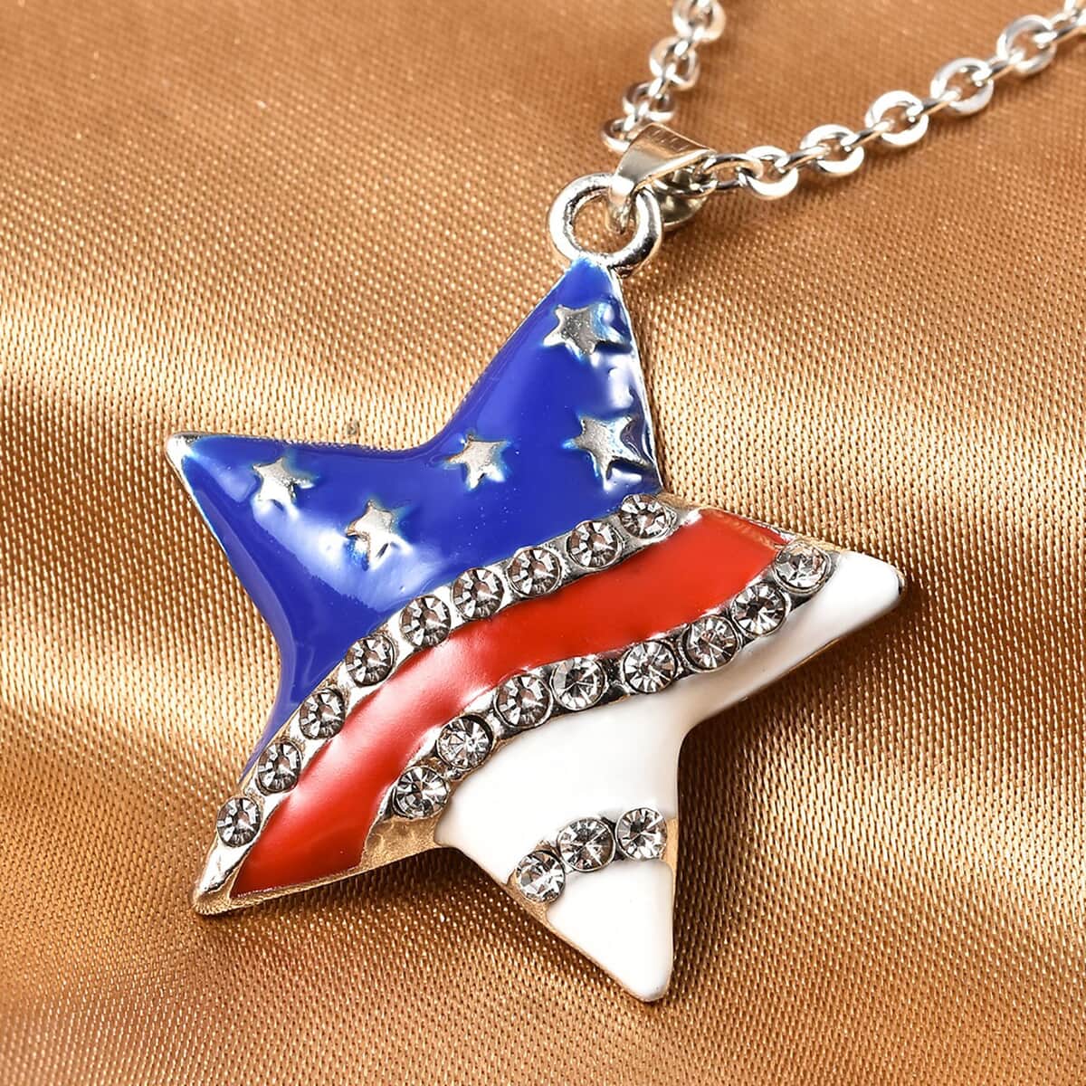 White Austrian Crystal Enameled National Flag of America Theme Star Pendant in Silvertone with Stainless Steel Necklace 20 Inches image number 1