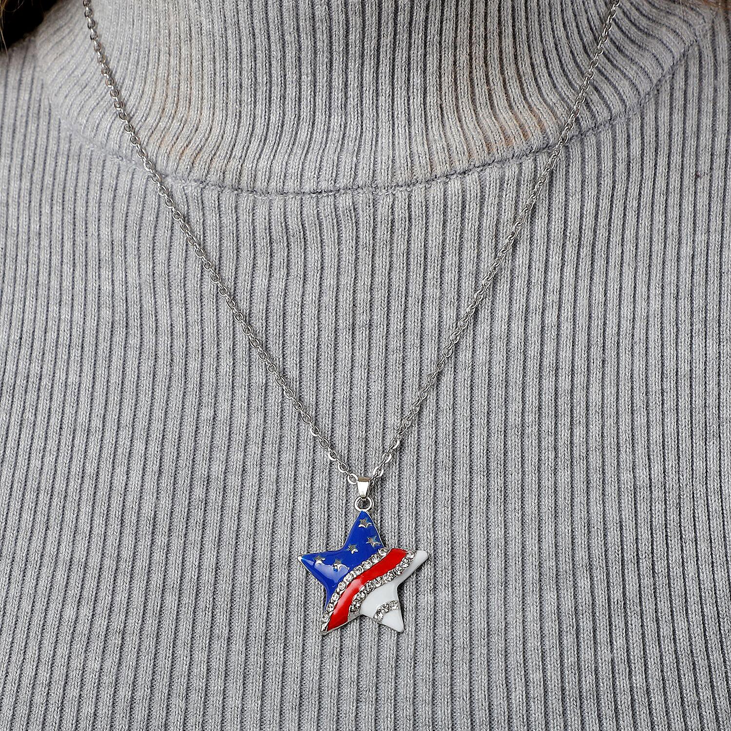 White Austrian Crystal Enameled National Flag of America Theme Star Pendant in Silvertone with Stainless Steel Necklace 20 Inches