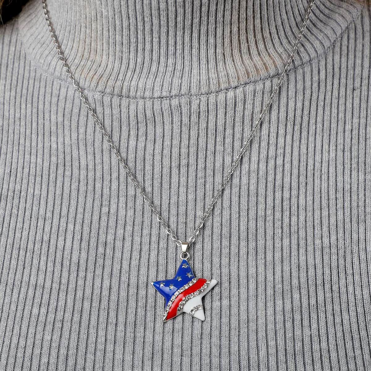 White Austrian Crystal Enameled National Flag of America Theme Star Pendant in Silvertone with Stainless Steel Necklace 20 Inches image number 2