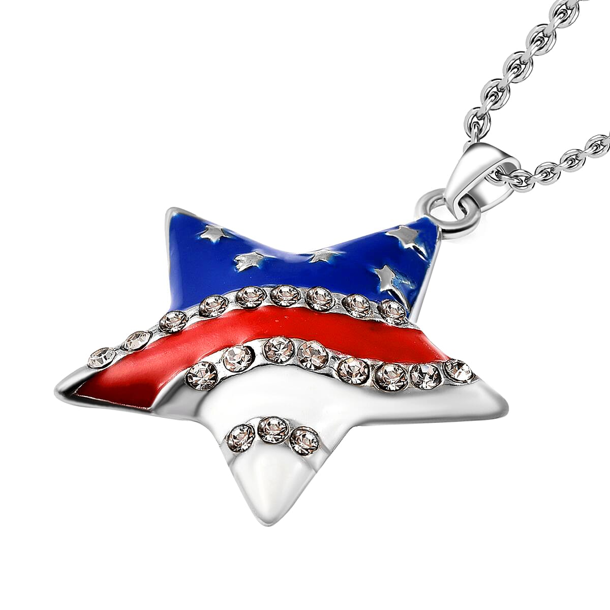 White Austrian Crystal Enameled National Flag of America Theme Star Pendant in Silvertone with Stainless Steel Necklace 20 Inches