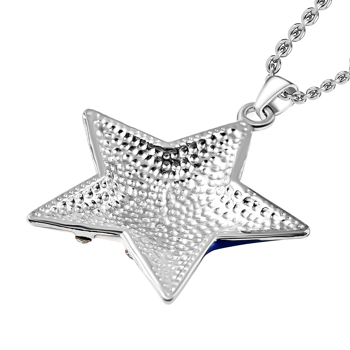 White Austrian Crystal Enameled National Flag of America Theme Star Pendant in Silvertone with Stainless Steel Necklace 20 Inches