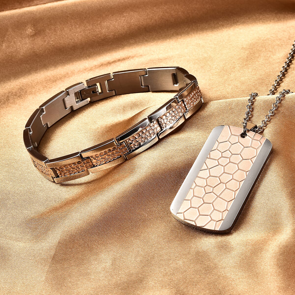 Men's Bracelet (8.50 In) and Honey Comb Dog Tag Pendant Necklace 20.00 Inches in ION Plated Rose Gold and Stainless Steel image number 1