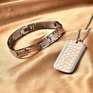 Men's Bracelet (8.50 In) and Honey Comb Dog Tag Pendant Necklace 20.00 Inches in ION Plated Rose Gold and Stainless Steel