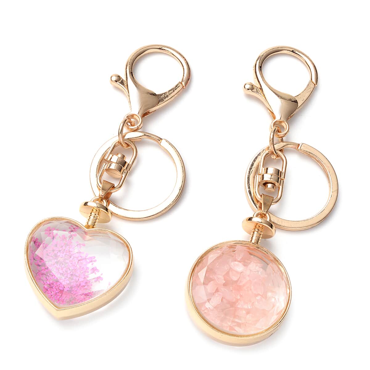 Set of 2 Galilea Rose Quartz Chips & Dried Flowers Keychain in Goldtone image number 0