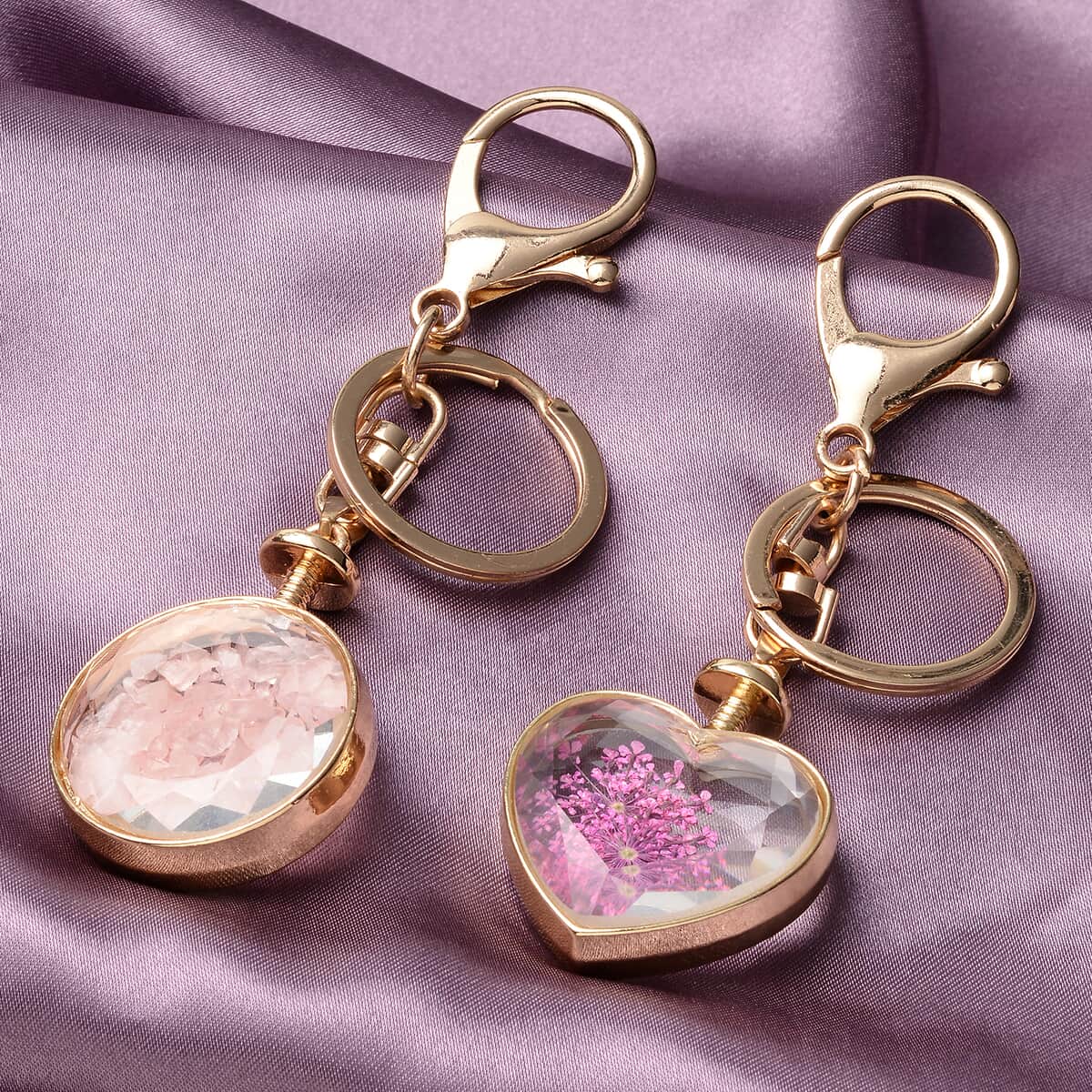 Set of 2 Galilea Rose Quartz Chips & Dried Flowers Keychain in Goldtone image number 1