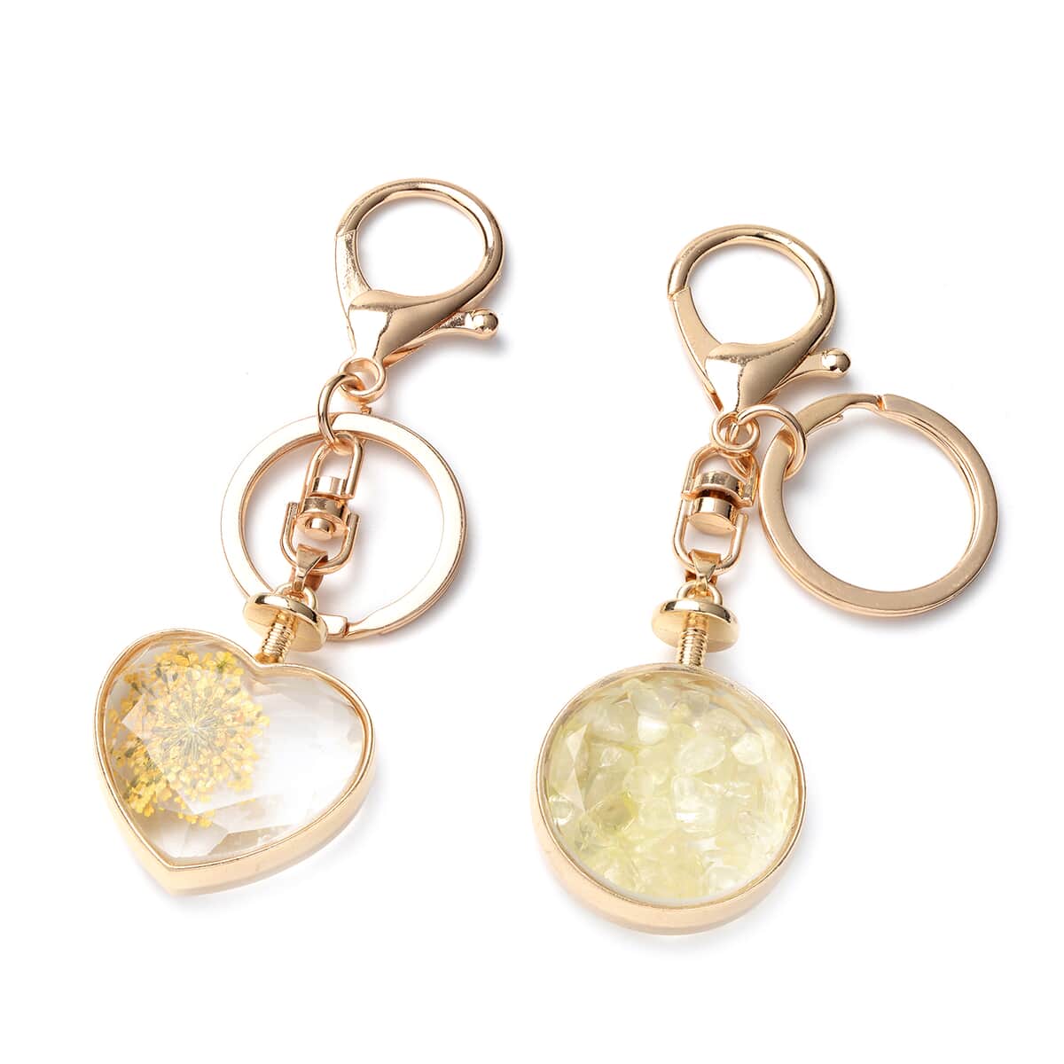 Set of 2 Brazilian Citrine Chips & Dried Flowers Keychain in Goldtone image number 0
