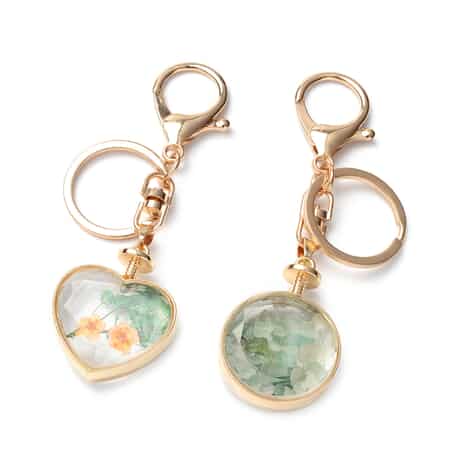 Set of 2 Green Aventurine Chips & Dried Flowers Keychain in Goldtone, Backpack and Car Fancy Keychain, Dried Flower Keyring image number 0