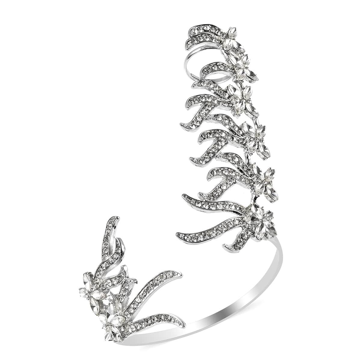 White Austrian Crystal, White Glass Statement Palm Cuff Bracelet (6.5-7 Inches) and Ring (Size 6-7) in Silvertone image number 0